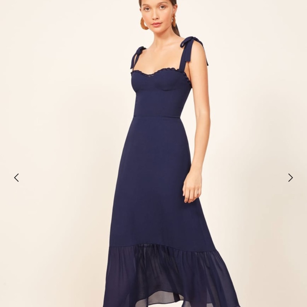 Reformation. Nikita Dress. Navy blue ruffles